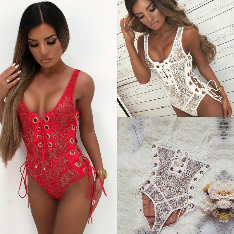 Lace Monokini Hollow Out Lace Up Swimsuit Bodysuit